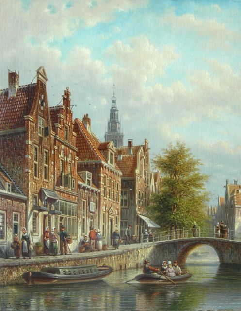 Johannes Franciscus Spohler | Dutch canal with the tower of the Waag, Alkmaar, Öl auf Holz, 26,3 x 20,7 cm, signed l.l.