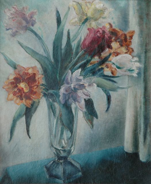 Schwarz S.  | Tulips in a glass vase, Öl auf Leinwand 55,0 x 46,1 cm, signed l.r.