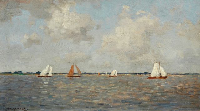 Jan Knikker sr. | Lake with sailing boats, Öl auf Holz, 20,2 x 34,9 cm, signed l.l.