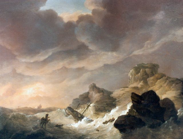 Koekkoek J.H.  | Sailing-vessel in distress, Öl auf Holz 26,0 x 33,3 cm