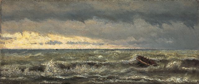 Hendrik Willem Mesdag | Rettungsboot in der Brandung, Öl auf Leinwand, 44,4 x 103,5 cm, Unterzeichnet l.u. und datiert 1869