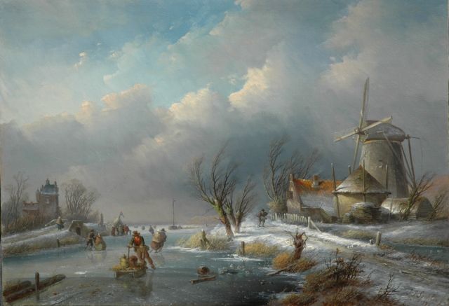 Jan Jacob Spohler | Winter landscape with windmill, skaters and a refreshment stand, Öl auf Holz, 36,3 x 51,6 cm, signed l.r. und dated '59