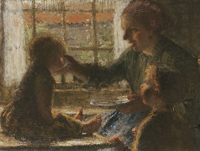Bernard Blommers | Mutter päppelt ein Häppchen, Öl auf Leinwand, 80,3 x 106,2 cm