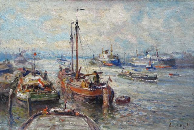 Evert Moll | Ship traffic at Rotterdam's harbour, Öl auf Leinwand, 40,4 x 60,0 cm, gesigneerd r.o.