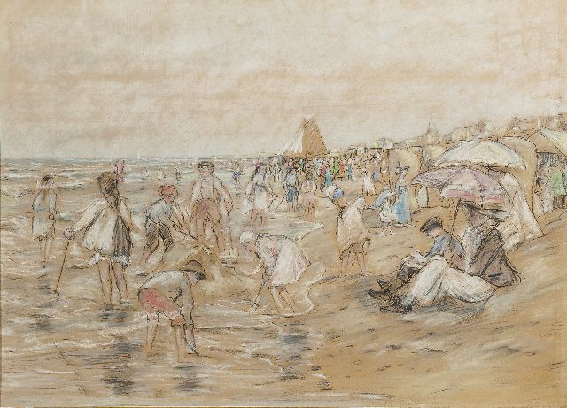 Schooten J.A. van | A beach scene at Katwijk with on the righthand side the wife and son of the painter, Holzkohle, Zeichenkreide und Pastell auf Papier 44,8 x 58,2 cm, painted in 1916