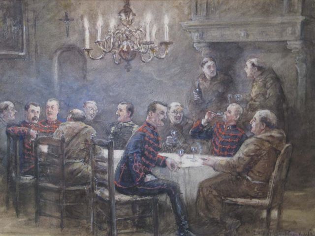 Hoynck van Papendrecht J.  | Officers of the first Regiment Huzaren and a Yellow Rider as guest in a monastery, Bleistift und Aquarell auf Papier 37,4 x 50,1 cm, signed l.r.
