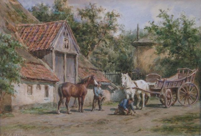 Willem Carel Nakken | Putting the horses to the carriage, Aquarell auf Papier, 28,3 x 39,2 cm, signed l.l.
