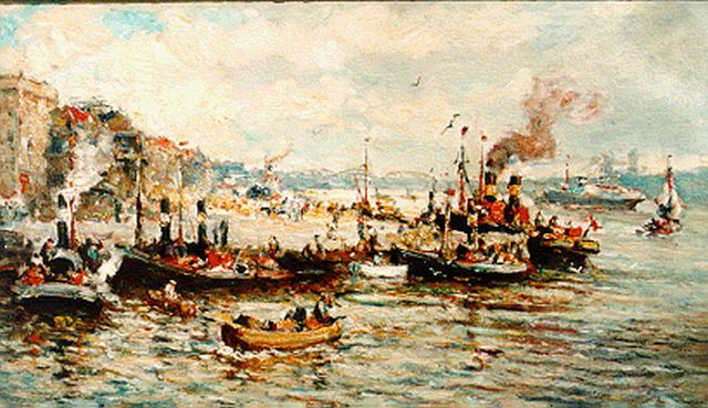Evert Moll | Moored boats, Rotterdam, Öl auf Leinwand, 60,5 x 100,7 cm, signed l.r.