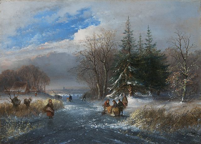 J.G. Hans | A winter landscape with skaters, Öl auf Holz, 26,7 x 36,8 cm