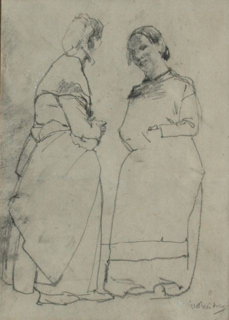 George Hendrik Breitner | Two servants busy talking, Schwarze Kreide auf Papier, 23,5 x 16,5 cm, signed l.r.