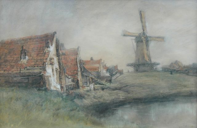 Wijsmuller J.H.  | Houses and a windmill in a Dutch landscape, Farbkreide auf Papier 40,0 x 59,0 cm, signed l.r.