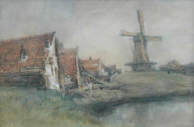 Jan Hillebrand Wijsmuller | Houses and a windmill in a Dutch landscape, Farbkreide auf Papier, 40,0 x 59,0 cm, signed l.r.