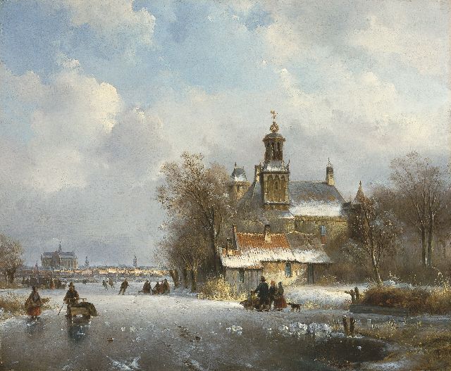 Lodewijk Johannes Kleijn | A winter landscape with the St. Bavo church in the distance, Öl auf Holz, 34,7 x 42,3 cm, signed l.r.