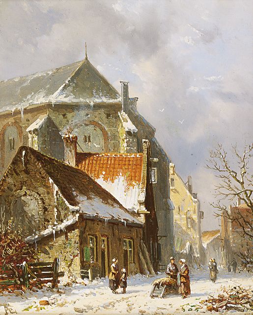 Adrianus Eversen | Figures in a snow-covered town, Öl auf Holz, 19,1 x 15,2 cm, signed l.l. with monogram