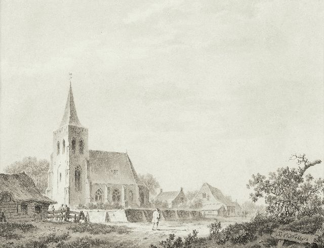 Barend Cornelis Koekkoek | Dorfkirche an einem Sandweg, Feder, Pinsel und Tinte auf Papier, 15,5 x 19,5 cm, Unterzeichnet r.u.