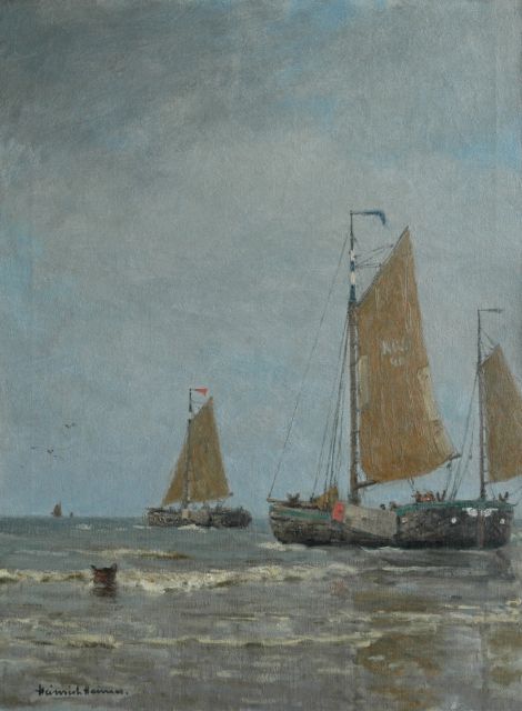 Heinrich Heimes | Fishing boats putting out to sea at Katwijk, Öl auf Leinwand, 80,1 x 60,1 cm, signed l.l.