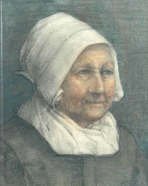 Louise Fritzlin | Portrait of an old woman, Schwarze und Farbkreide auf Papier, 17,0 x 13,2 cm