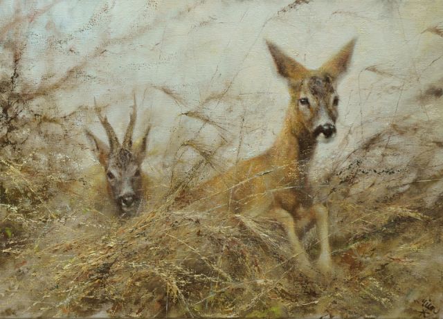 Rien Poortvliet | Two deer, Öl auf Leinwand, 50,2 x 69,9 cm, signed l.r.
