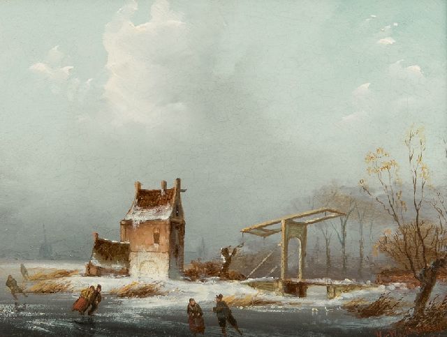 Moerkerken H. van | Schlittschuhleute bei einer Fallbrücke, Öl auf Holz 14,1 x 16,7 cm, Unterzeichnet r.u.