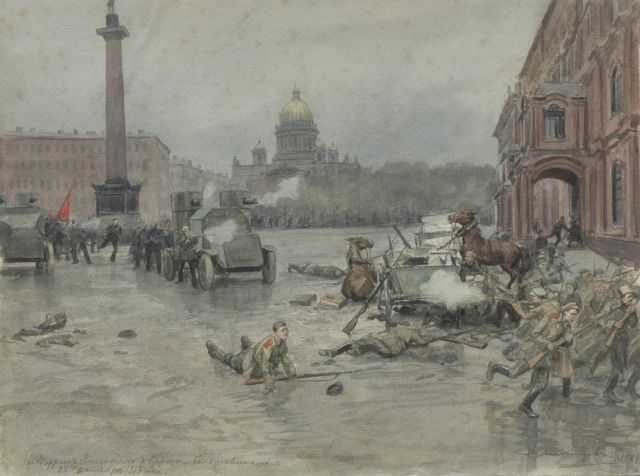 Vladimiroff I.A.  | The October Revolution in 1917, St.-Petersburg, Aquarell auf Papier auf Pappe 25,7 x 34,5 cm, signed l.r. und dated 1918
