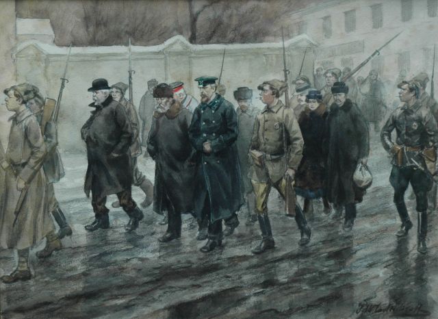 Ivan Alexejevitsj Vladimiroff | Carrying off the prisoners, Aquarell und gewaschene Tinte auf Papier, 25,5 x 34,5 cm, signed l.r. und dated 1918