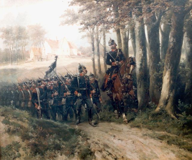 Hermanus Willem Koekkoek | Preußische Infanterie im Marsch, Öl auf Leinwand, 56,5 x 66,0 cm, signed l.l. und zu datieren um 1890