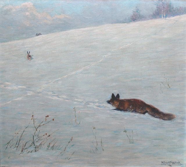 Mailick A.M.  | Hunting in the snow, Öl auf Leinwand 41,1 x 46,2 cm, signed l.r. und dated '16