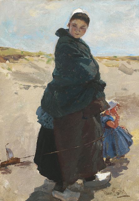 Hans von Bartels | Träumerei: Fischersfrau mit ihrem Kind am Strand von Katwijk, Öl auf Leinwand, 47,6 x 33,3 cm, Unterzeichnet r.u.