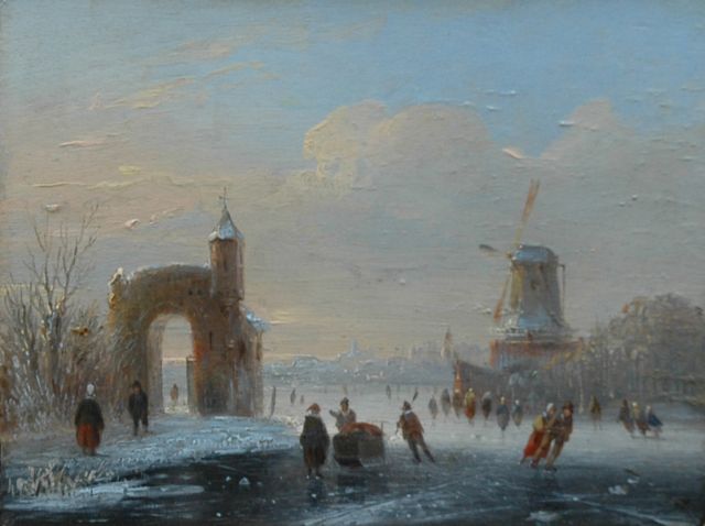Jacobus van der Stok | A frozen river with skaters, Öl auf Holz, 11,3 x 14,9 cm