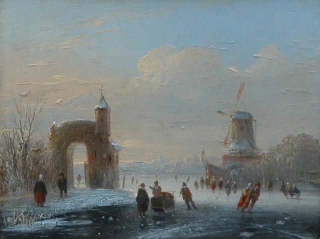 Stok J. van der | A frozen river with skaters, Öl auf Holz 11,3 x 14,9 cm