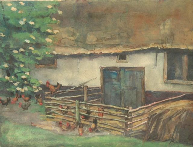 Fritzlin M.C.L.  | A yard with chickens, Aquarell auf Papier 14,2 x 19,1 cm