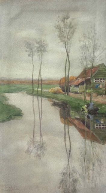 Louise Fritzlin | Bauernhof mit Bäumen am Wasser, Aquarell auf Papier, 37,5 x 21,4 cm, Unterzeichnet l.u.