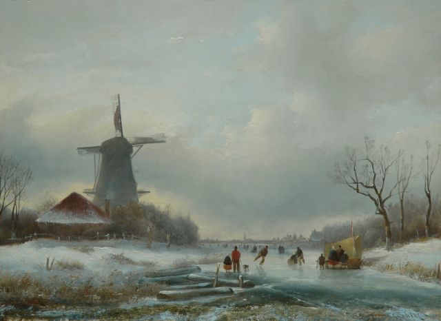 Jan Jacob Spohler | A winter landscape with skaters on a frozen canal, Öl auf Tafel, 29,6 x 40,5 cm
