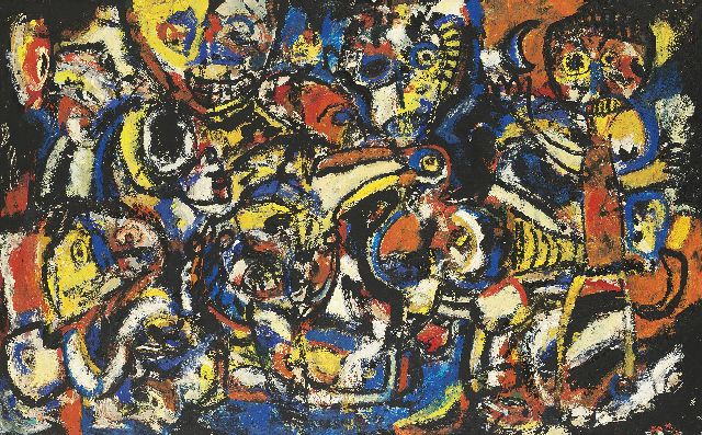 Gust Romijn | Komposition mit Figuren und Tieren, Öl auf Leinwand, 60,2 x 99,8 cm, Unterzeichnet M.u. und 1950