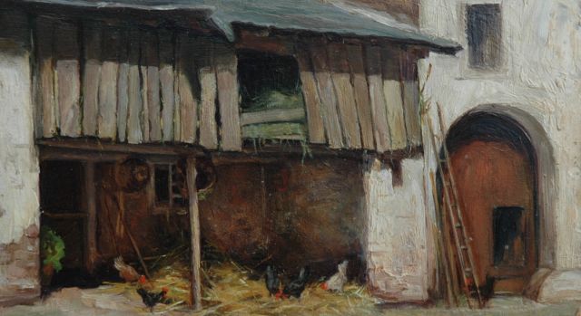 Louise Fritzlin | A farm-yard with chickens in the Eiffel, Öl auf Holz, 12,7 x 22,6 cm, painted 1908