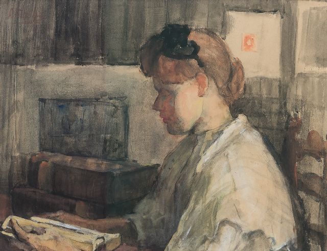 Louise Fritzlin | Mädchen beim Lesen, Aquarell auf Papier auf Holzfaserplatte, 32,5 x 42,0 cm, Unterzeichnet l.o. und zu datieren 1908
