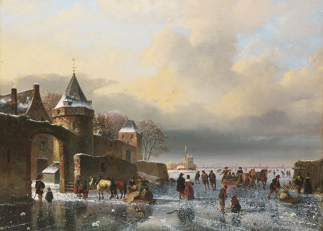 Nicolaas Roosenboom | A frozen river with skaters and horse-drawn sledges, Öl auf Leinwand, 67,0 x 93,7 cm, signed l.r.