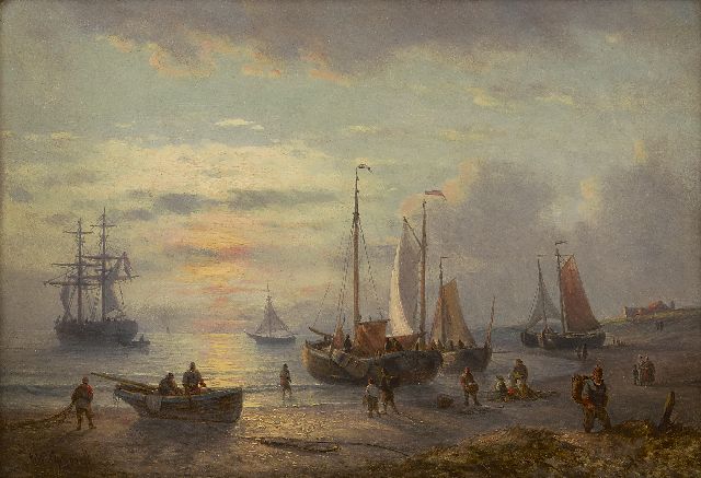 George Willem Opdenhoff | Fischer und Boote am Strand mit untergehender Sonne, Öl auf Tafel, 21,6 x 31,1 cm, Unterzeichnet l.u.