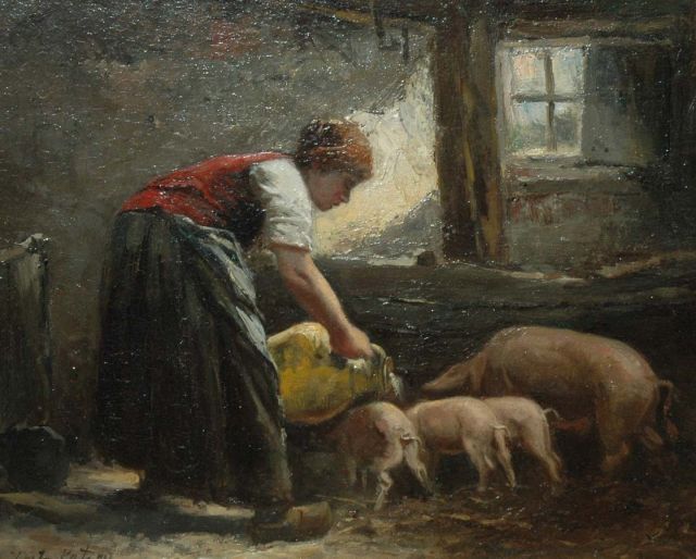 Johannes Marius ten Kate | Feeding time in the stables, Öl auf Holz, 24,7 x 29,5 cm, signed l.l.