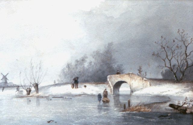 Louis Apol | A frozen river with skaters by a bowbridge, Aquarell auf Papier, 22,3 x 32,3 cm, Unterzeichnet l.u. und zu datieren ca. 1867