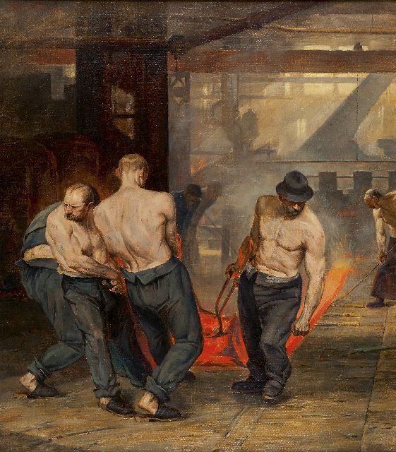 Porten H.V. v.d. | Labourers in a steel-rolling mill, Öl auf Leinwand 80,2 x 70,2 cm, signed u.l.