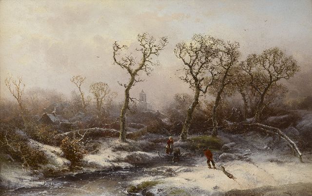 Pieter Kluyver | Winterlandschaft mit Brennholzsammlern, Öl auf Holz, 30,8 x 47,6 cm, Unterzeichnet r.u.