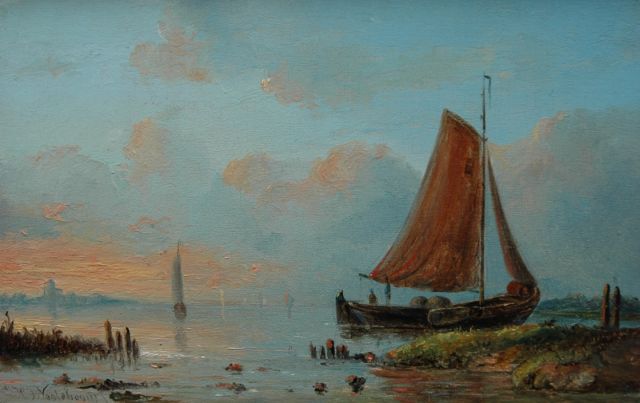 Nooteboom J.H.J.  | A moored fishing boat at sunset, Öl auf Holz 11,0 x 17,4 cm, signed l.l.