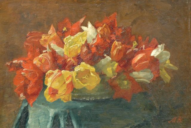 Marie Heineken | Red and yellow tulips, Öl auf Leinwand  auf Holzfaser, 37,2 x 53,9 cm, signed l.r. with tulips