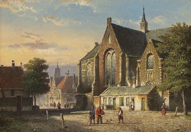 Willem Koekkoek | Figures on a village square, Öl auf Holz, 21,5 x 31,2 cm, signed l.r. with initials und painted 1860