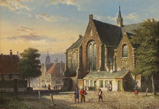 Koekkoek W.  | Figures on a village square, Öl auf Holz 21,5 x 31,2 cm, signed l.r. with initials und painted 1860