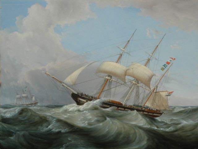 Casparus Johannes Morel | Sailing barge in choppy seas, Öl auf Holz, 37,6 x 49,9 cm, signed l.r. und dated 1856