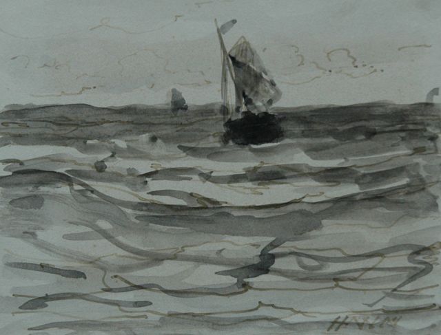 Hendrik Willem Mesdag | Fishing boat at sea, Pinsel in schwarzer Tinte und Aquarell auf Papier, 8,7 x 11,2 cm, signed l.r. with initials und dated 's January 1883'