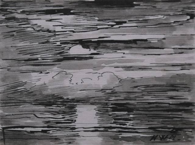 Hendrik Willem Mesdag | Sunset at sea, Feder und Pinsel in schwarzer Tinte auf Papier und Pappe, 8,7 x 11,2 cm, signed l.r. with initials