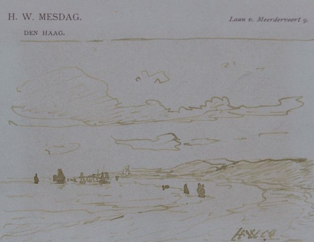 Hendrik Willem Mesdag | A view from the dunes, Feder in brauner Tinte auf Papier, 8,7 x 11,2 cm, signed l.r. with initials